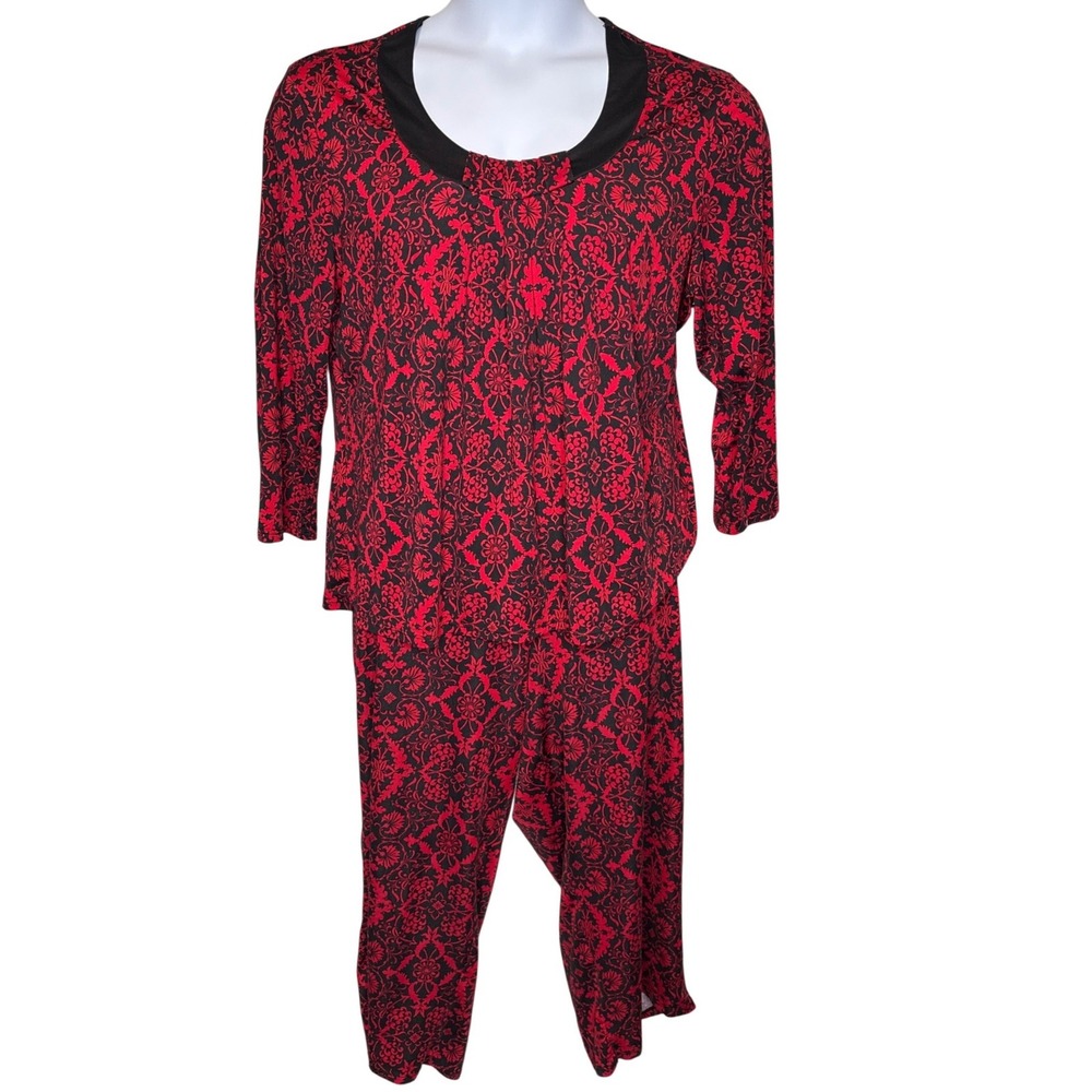 Linea Donatella Women Red Damask Print Pajama Coordinated Set XL Comfy Sleepwear